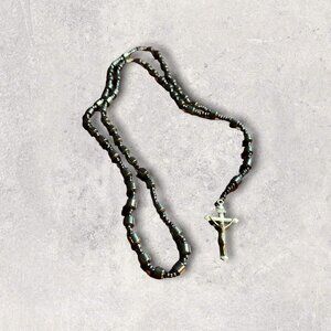 Vintage Rosary Dark Heavy Shiny Black Beads‎ Hematite Silver Crucifix
